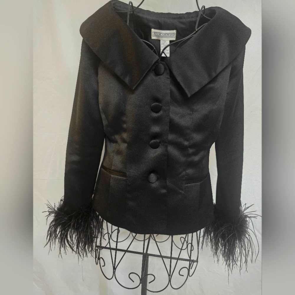 Black Satin Long Sleeve Jacket with Father Trim Sz 8